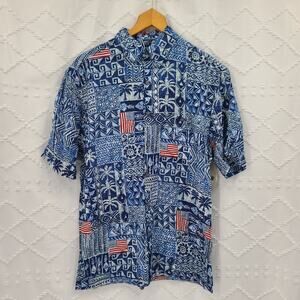 Island Shores Hawaiian Shirt Patriotic Mens Small Patchwork Resort Wear vacation